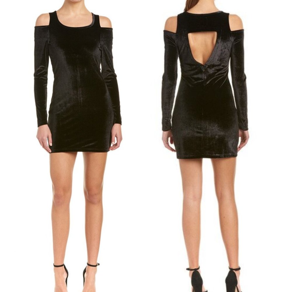 NEW CHASER Mini Dress Black Velvet Party  Boat Neck Cold-Shoulder Long Sleeve - Picture 3 of 11